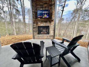 outdoor fireplace in a mid century modern cabin
